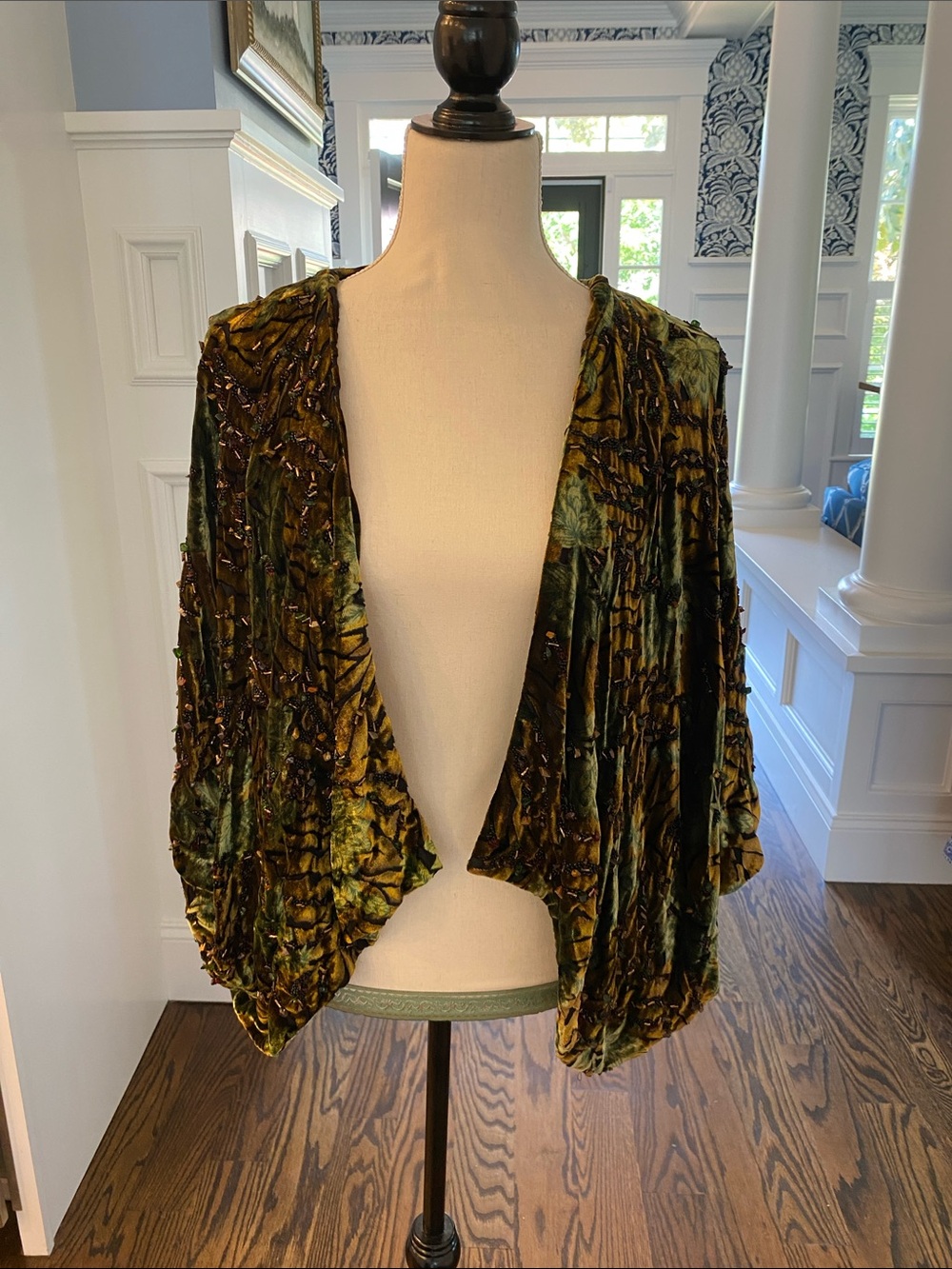 Olive Green Beaded Velvet Draped Open-Front Cape Jacket